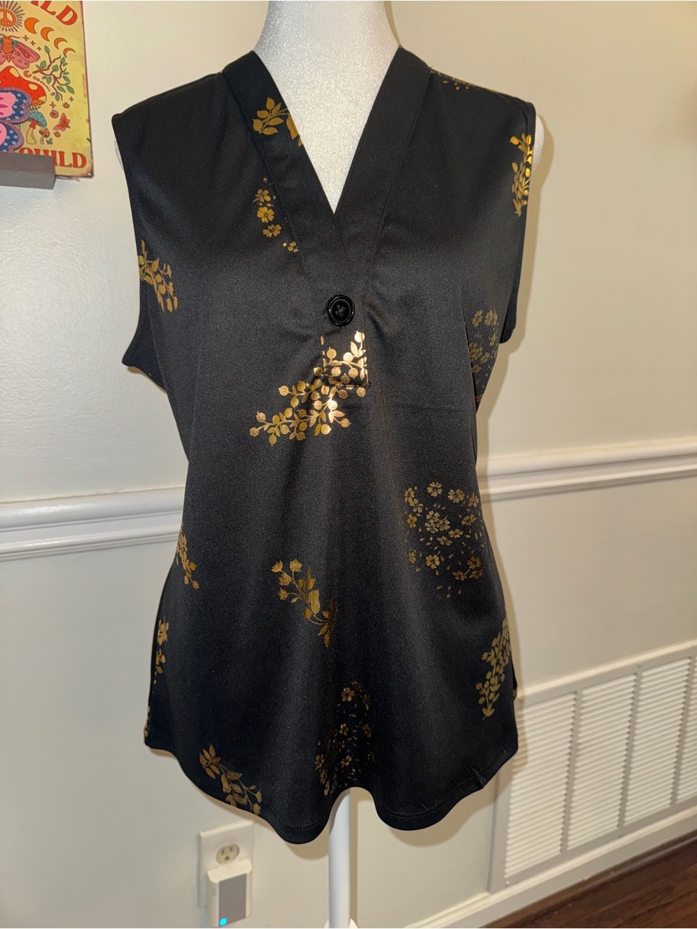 Alex & Parker Black Gold Floral Sleeveless Blouse Top NWT Large